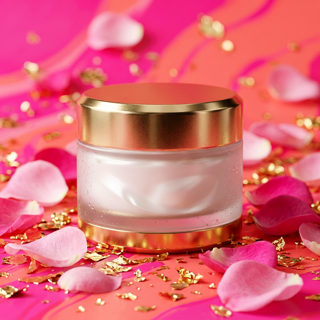 Radiant Gold Luxury Face Cream - Rose Petals Pink Background