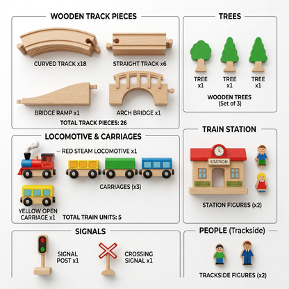 SteamPath Wooden Railway Train Set - Contents Flatlay