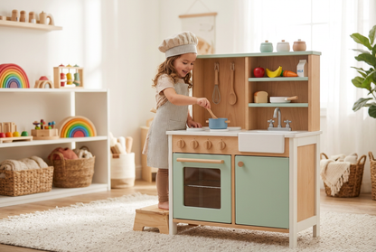 Little Chef Wooden Play Kitchen - Girl Chef Playing