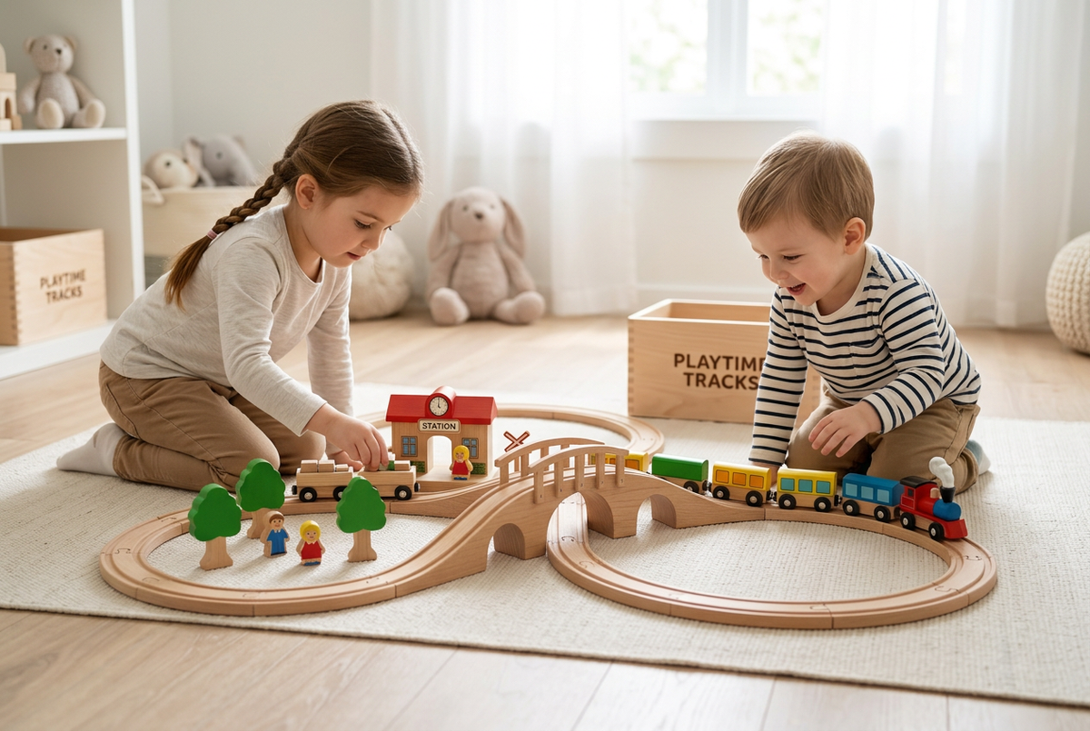 SteamPath Wooden Railway Train Set - Two Children Playing