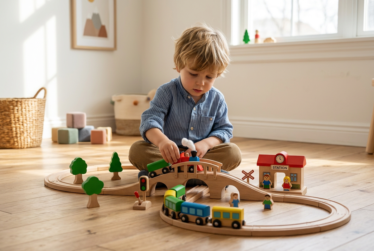 SteamPath Wooden Railway Train Set - Boy Playing