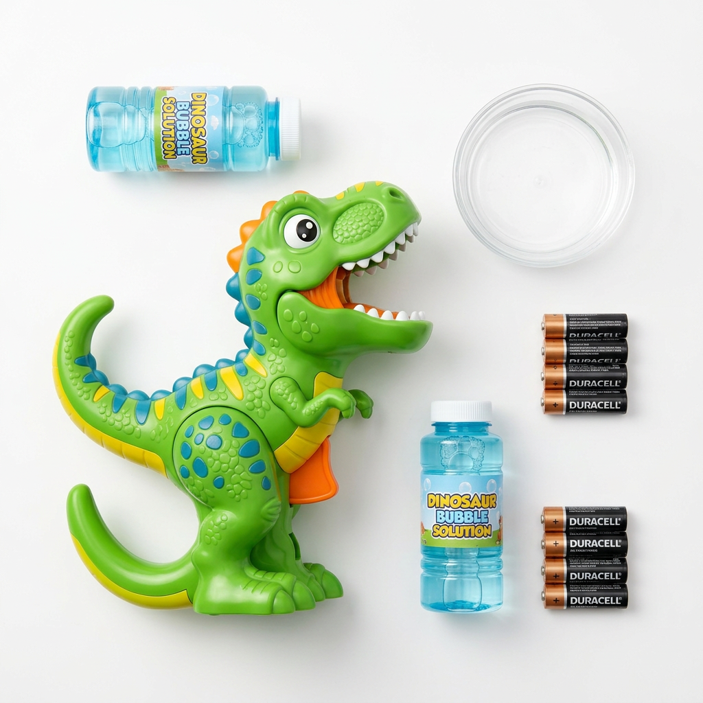 DinoBlast Electric Bubble Gun - Contents Flatlay