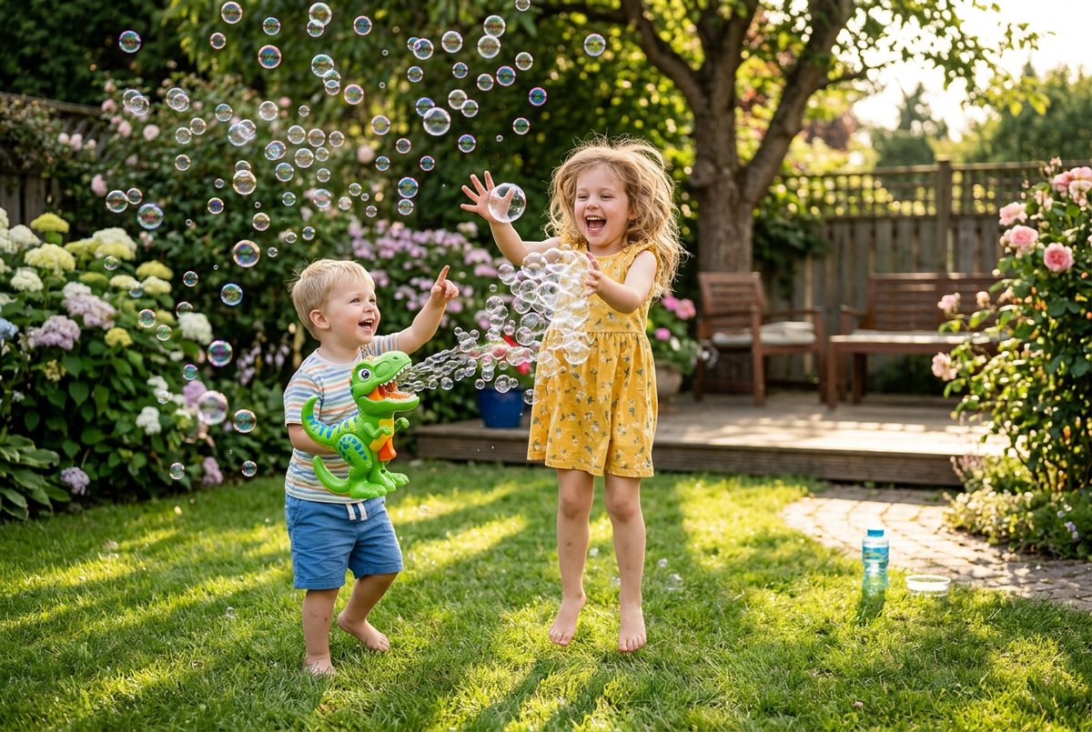 DinoBlast Electric Bubble Gun - Siblings Playing
