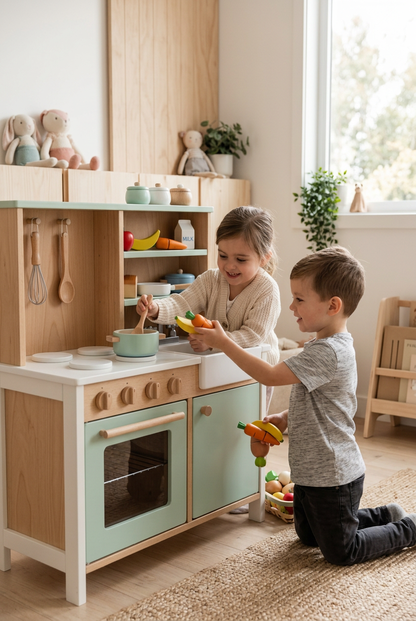 Little Chef Wooden Play Kitchen - Two Children Playing