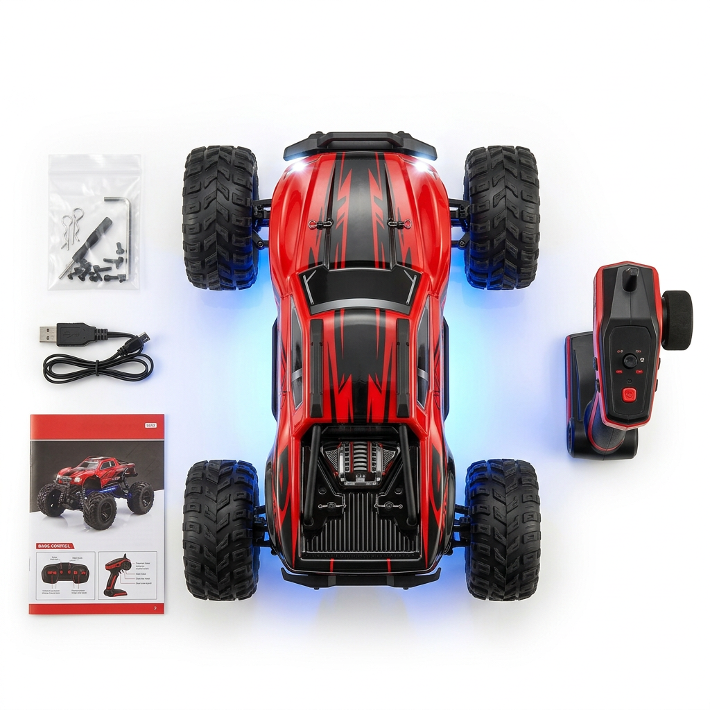 TurboBlaze LED RC Monster Truck - Contents Flatlay